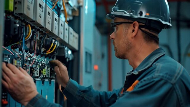 An electrician male shutting off the electrical outlet's power at the circuit breaker box