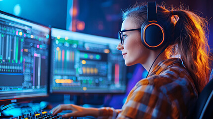 A woman wearing headphones and glasses is working on a computer. She is smiling and she is enjoying her work.