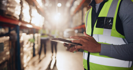 Logistics, hands and tablet in warehouse, online and typing for report of inventory and inspector....