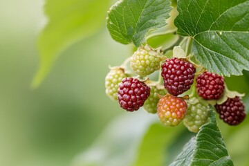 Mulberry branch with ripe and unripe berries, detailed focus on the fruit's bumpy texture and the smoothness of leaves