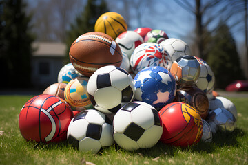 different children's sports balls outside on lawn