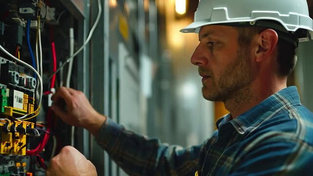 An electrician male shutting off the electrical outlet's power at the circuit breaker box