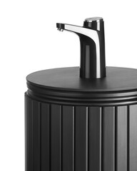 Water Cooler. Sleek Wooden Black Water Dispenser With Electric Pump Isolate On White Background. Tubus, Bottle Case For Home And Office. Side View. Close-up. Copy Space. High quality photo