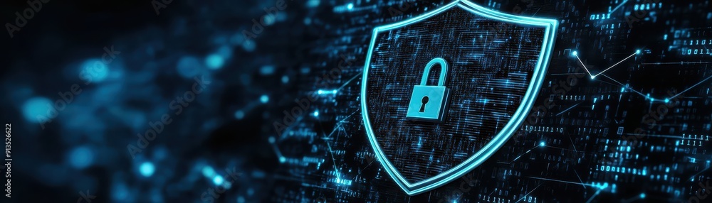 Poster a digital shield symbolizing cybersecurity and data protection in a tech-focused environment.