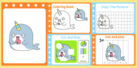 worksheets pack for kids a narwhal vector. © isna eni