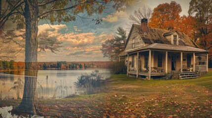 Fototapeta premium Autumnal Lake House in Rustic Setting