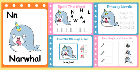 worksheets pack for kids a narwhal vector. © isna eni