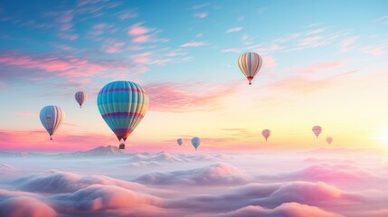 Fototapeta premium Photograph of a hot air balloon festival against a backdrop of a pastel-colored sunrise,