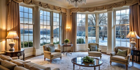 Fototapeta premium A Luxurious Living Room with a View of a Snowy Landscape, Draped Windows, Curtains, Armchairs, Coffee Table, Cozy Interior, elegant decor