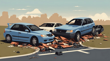 Vector Art of a Traffic Collision with Crashed Vehicles and Debris on a Road, Illustrated in a Minimalist Style with Generous Copy Space for Text or Branding