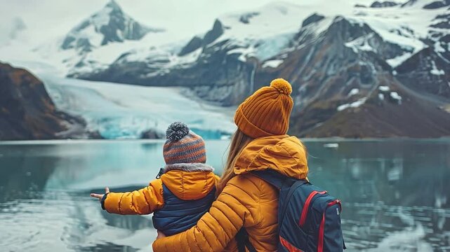 Mother pointing to mountains and glaciers while holding her daughter