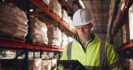 Fototapeta premium Logistics, storage and tablet with man in warehouse for online order of distribution or shipping for delivery. Inventory, stock and supply chain with person in depot for cargo checklist or inspection