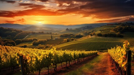 Fototapeta premium Photograph of a picturesque vineyard bathed in the warm hues