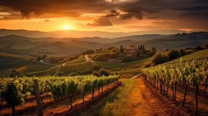 Photograph of a picturesque vineyard bathed in the warm hues
