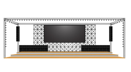 wooden stage and speaker with led screen on the truss system on the white background	
