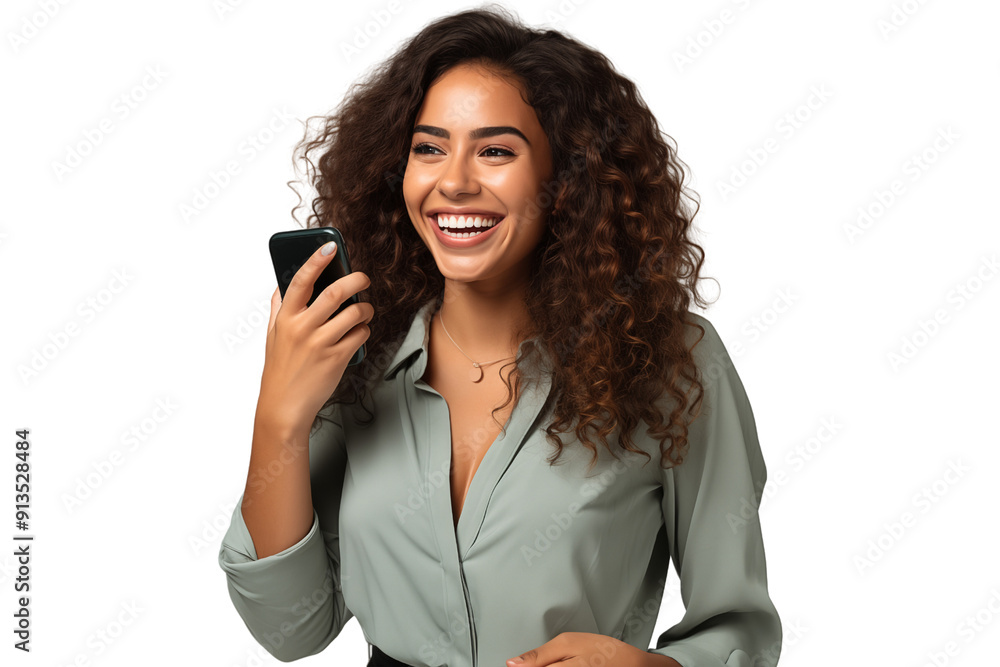 Wall mural a latin woman in her 20s, wearing a blue shirt, smiles as she uses her mobile phone on transparent b