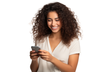 A Latin woman in her 20s is smiling while wearing a white shirt and using her mobile phone
