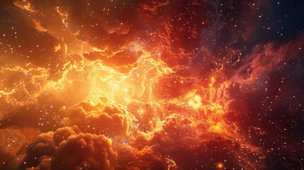 Naklejka premium Stunning Cosmic Explosion with Fiery Clouds and Stars in Deep Space