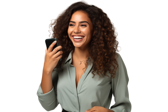 A Latin woman in her 20s, wearing a blue shirt, smiles as she uses her mobile phone on transparent background