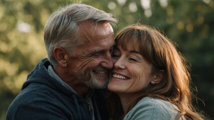 Smiley man and woman hugging