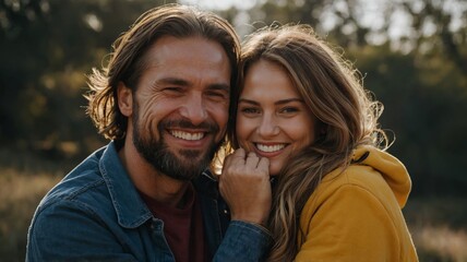 Fototapeta premium Smiley man and woman hugging