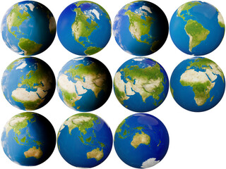 The planet earth visible with different rotations, different continents, America, Europe, Africa, Asia, Russia, Australia, India, Chrina, Indonesian, Asia