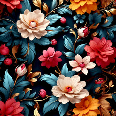 seamless Pattern, floral  abstract background Generative AI Wallpaper, tropical forest illustration with vibrant flowers creates boho design, dressing vector artwork, red, yellow, blue, leaves 4K HD  