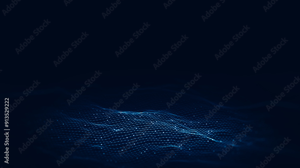 Poster Abstract Digital Wave Particles Background. Abstract Waving Particle Technology Background Design with wave moving dots and lines flow particles. Big data connection, Technology digital background.
