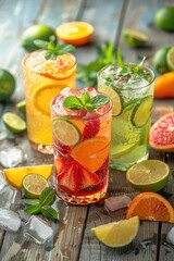 Refreshing Summer Citrus Drinks with Fresh Fruits and Ice on Rustic Wooden Table