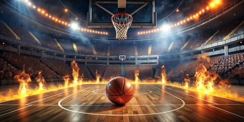 Basketball Court on Fire, 3D Render, Stadium, Flames, Ball, basketball court, stadium