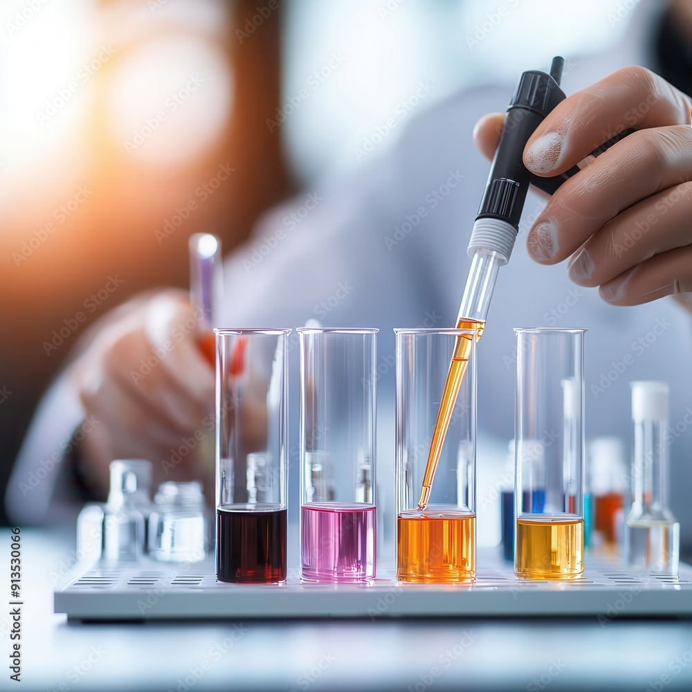 Aufkleber scientist conducting an experiment, using a pipette to transfer colored liquids into test tubes in a
