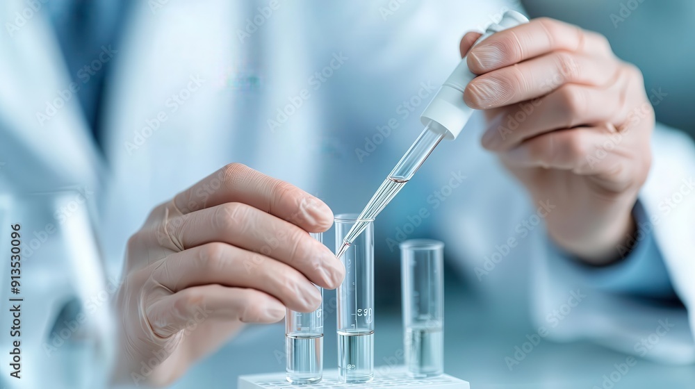 Poster scientist conducting experiment with test tubes and pipette in a laboratory. research, science, and 
