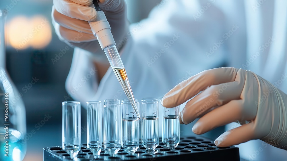 Poster scientist in laboratory using pipette for research experiment with test tubes, promoting scientific 
