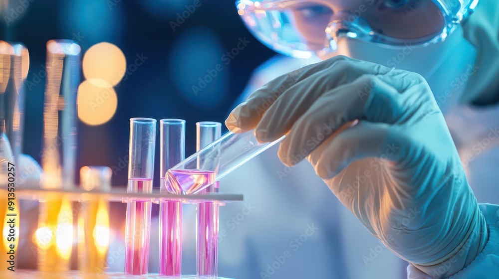 Aufkleber scientist using a pipette to transfer a liquid sample into a test tube in a laboratory setting, with