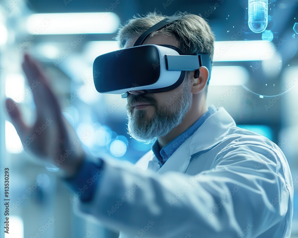 Aufkleber scientist using vr technology for research in a futuristic lab. concept of virtual reality in scienc