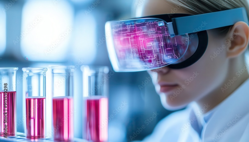 Aufkleber scientist using augmented reality glasses in a laboratory, analyzing test tubes with red liquid, rep