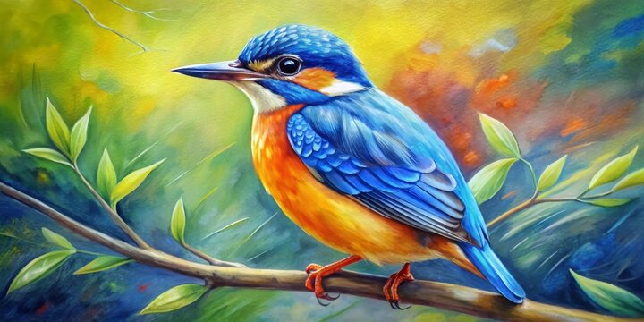 Blue Kingfisher Perched on Branch, oil painting, vibrant bird, nature art, bird art, kingfisher, wildlife art