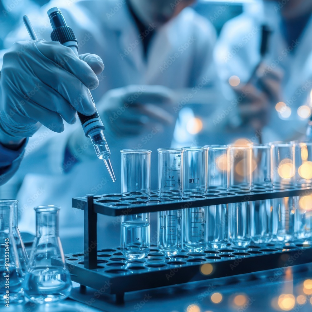 Aufkleber scientists conducting experiments using test tubes and pipettes in a laboratory setting. focus on sc