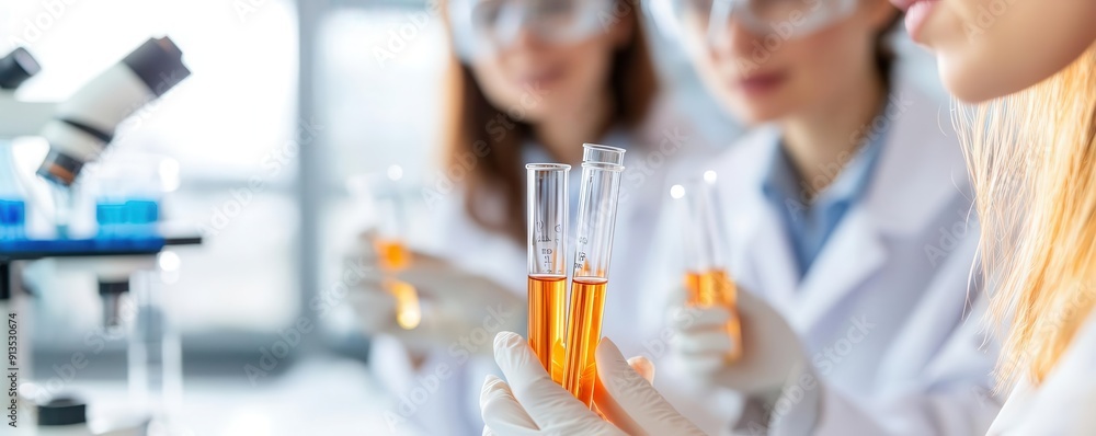 Poster group of scientists discussing results while holding test tubes in a bright