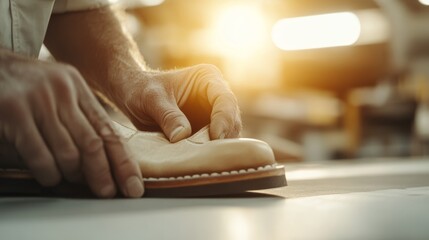 A skilled craftsman meticulously hand-stitching leather boots, sunlight streaming through a rustic workshop window, showcasing intricate details