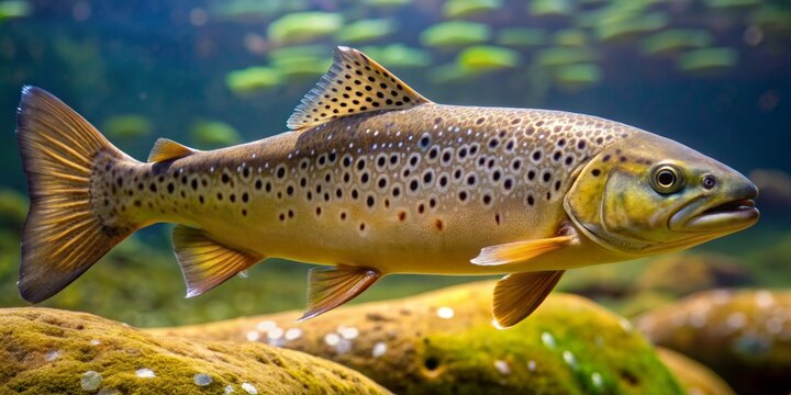 Close-Up of a Brown Trout Swimming in a Freshwater Stream, Photography, Underwater, Fish, Stream, ,