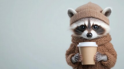 Fototapeta premium A cute raccoon wearing a cozy sweater and hat, holding a coffee cup against a light background, perfect for whimsical designs.