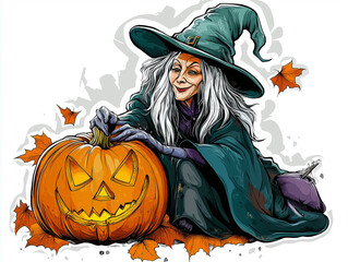 Gothic Hexe hält Kürbis in der Hand Illustration Halloween-Aufkleber mit weißem Hintergrund 