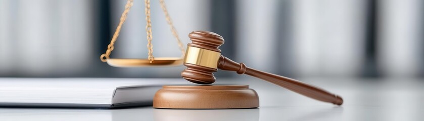 A wooden gavel rests on a sound block next to a brass scale, symbolizing justice and the legal system in a courtroom setting.