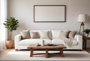 A modern living room with poster frame a white sectional sofa, a wooden coffee table, and a vase of red roses on the table. The room has a minimalist and cozy feel, 