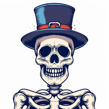 recommend clip art: a Skeleton with Top Hat, Halloween skeleton, simple hand drawn outline vector, bold monoline, isolated on white background