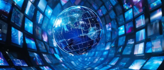 Digital globe of rotating screens on a blue background, futuristic concept,watercolor