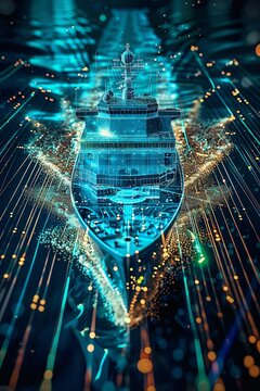 Digital ship hologram navigating through a network of glowing data lines, representing maritime technology
