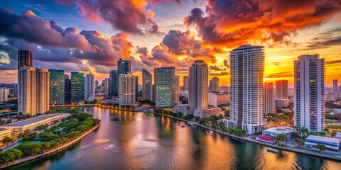 Fototapeta premium Golden Hour Skyscrapers Reflecting in Water, Sunset, Cityscape, Architecture, Skyscraper,