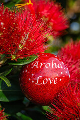 A shiny red Christmas bauble hanging in a Summer flowering New Zealand Pohutukawa tree. 